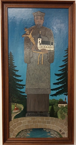 Sv. Jan Nepomucký, patron Zvonkové, na obraze jiného Jungbauera z Huťského Dvora, Johanna z čp. 53 (z výstavy v Památníku Adalberta Stiftera v Horní Plané v roce 2022)