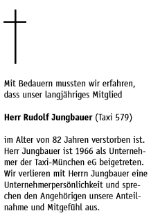 Jeho úmrtní oznámení na stránkách časopisu mnichovských taxikářů