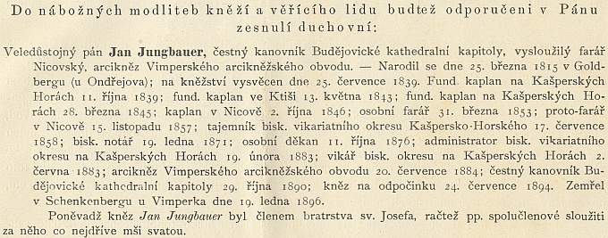 Úmrtní oznámení v ordinariátním listu diecéze z února 1896