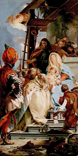 Kopie obrazu Klanění tří králů (1753), jehož autorem je italský barokní malíř Giovanni Battista Tiepolo (1696-1770), tvořila střed hlavní opony v hořickém Domě pašijových her