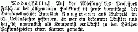 Zpráva o úmrtí "dómského kapelníka" ve vídeňském tisku