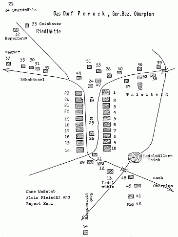Plánek obce Pernek, z části zvané Böhmhäusel pocházel Anton Jungwirth