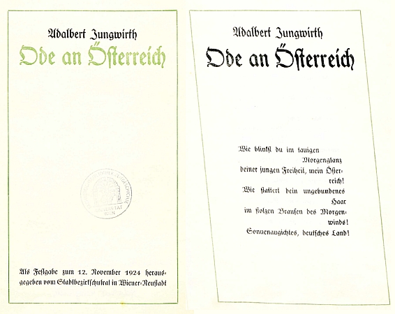 Titulní list a úvodní strana vydání jeho básně "Ode an Österreich" (1924) ze sbírek Univerzitní knihovny ve Vídni