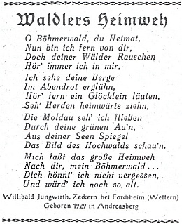 Jeho báseň, uveřejněná roku 1949, kdy mu bylo rovných dvacet let, v říjnovém čísle druhého ročníku krajanského měsíčníku