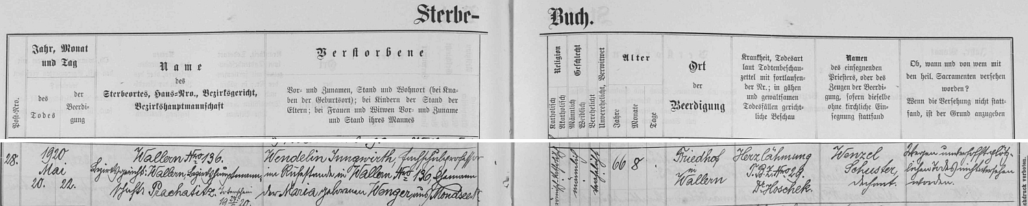 Záznam o úmrtí ve volarské knize zemřelých