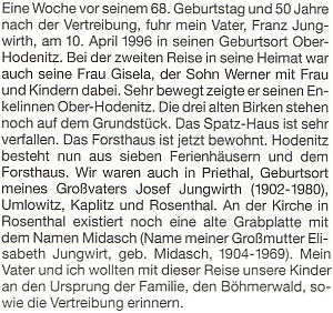 Zpráva Josefova synovce o cestě Josefova bratra Franze do rodných Vyšších Hodonic a také Přídolí, rodiště Josefova otce, Omlenic, Kaplice a Rožmitálu na Šumavě