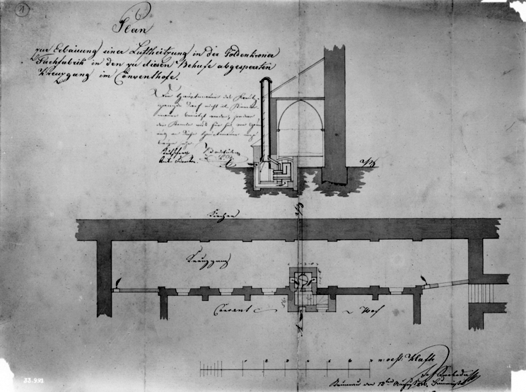 Výkres s komínem proraženým skrz klenbu ve velkém konventu zlatokorunského kláštera z roku 1836,
tedy z doby podnikání Vincence Jungbauera