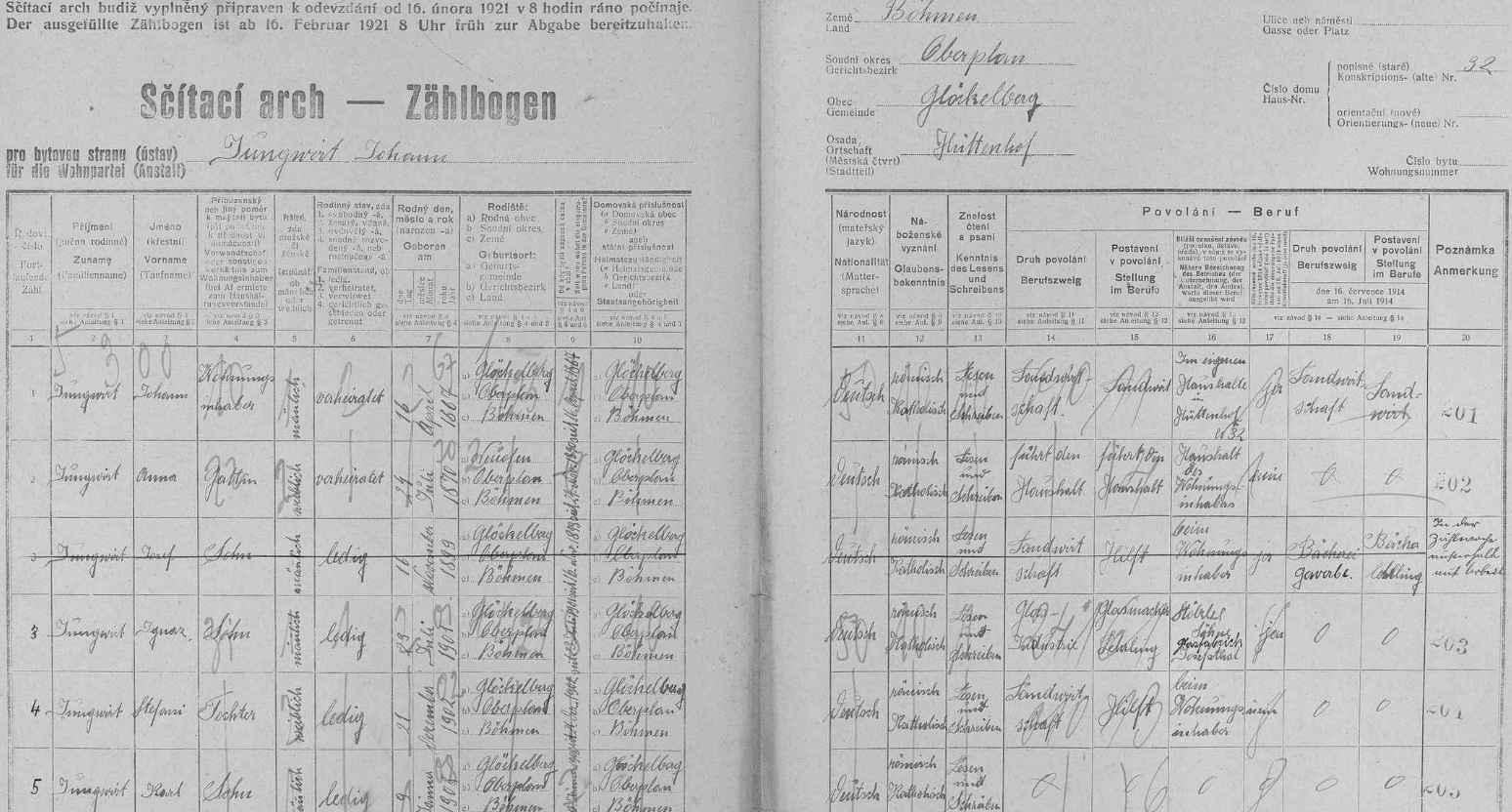 Arch sčítání lidu z roku 1921 pro stavení čp. 32 v Huťském Dvoře s rodinou Jungwirthovou a už přeškrtnutým synem Josefem s poznámkou, že byl "v době sčítání na práci"