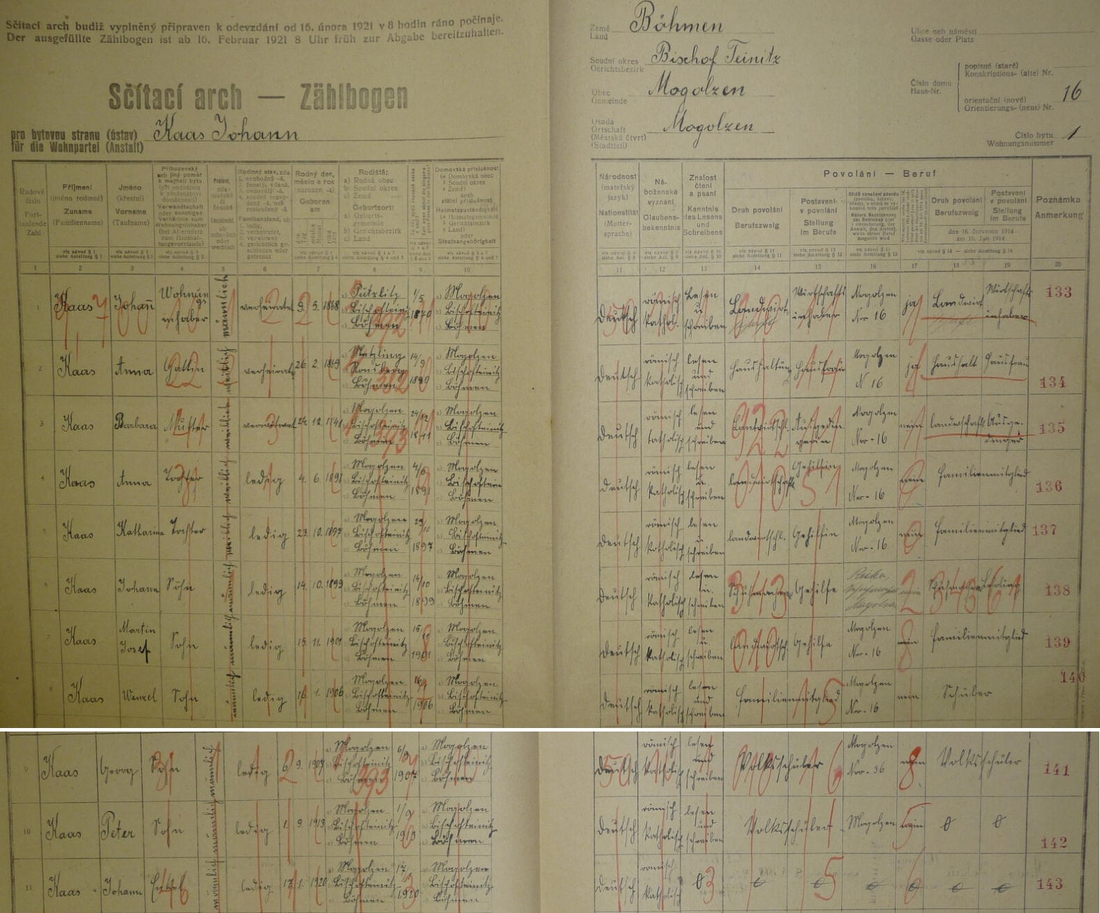 Arch sčítání lidu z roku 1921 pro stavení čp. 16 v Bukovci