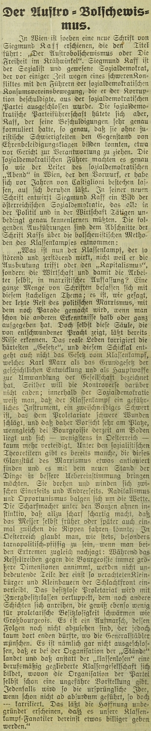 Jeho spis "Der Austro-Bolschewismus oder die Freiheit im Krähwinkel" se v názvu odvolává na Nestroyovo dílo "Svoboda v Kocourkově" a ostře se vypořádává se zastánci třídního boje