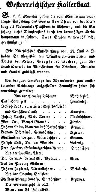 Zpráva z vídeňského tisku o jeho zvolení do říšského sněmu za "Provinz Böhmen"