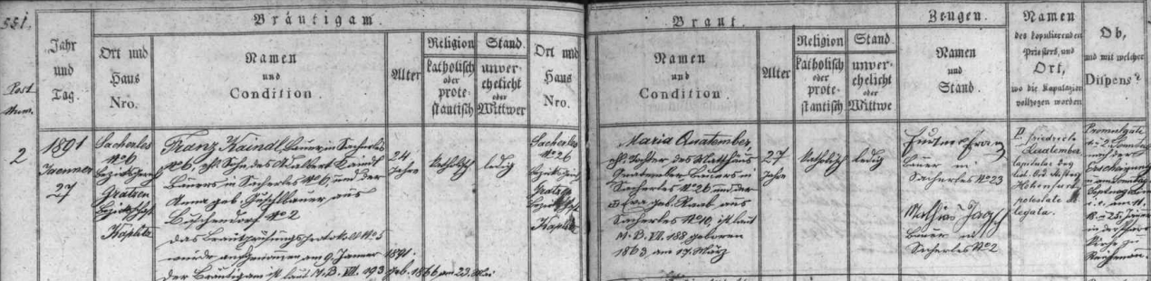 Záznam oddací matriky farní obce Rychnov u Nových Hradů o svatbě jeho rodičů 27. ledna roku 1891: ženich Franz Kaindl byl synem Adalberta Kaindla, který hospodařil se svou ženou Annou, roz. Guschlbauerovou z Božejova na témže stavení v Kamenné čp. 6 jako on po něm, nevěsta Maria byla dcerou Matthäuse Quatembera z Kamenné čp. 26 a Ewy, roz. Raabové z Kamenné