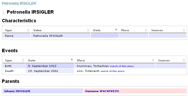 Tento záznam na serveru GEDBAS umožňuje hledání jejích rodových předků