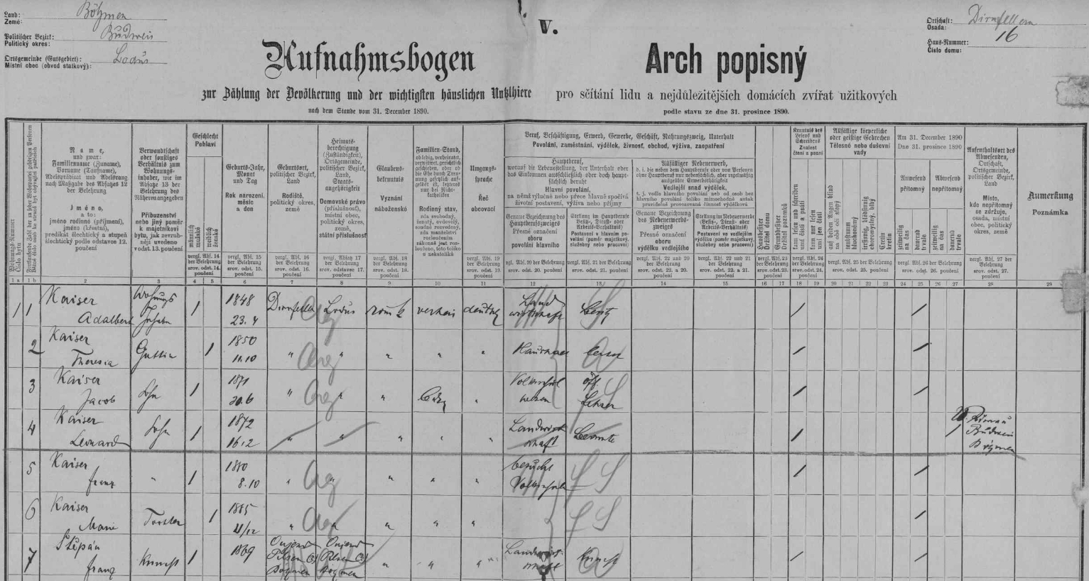 Arch sčítání lidu z roku 1890 pro stavení čp. 16 v Suchém Vrbném s rodinou Kaiserovou včetně něho