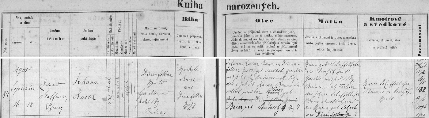 Záznam o jeho narození v křestní matrice farní obce Dobrá Voda u Českých Budějovic