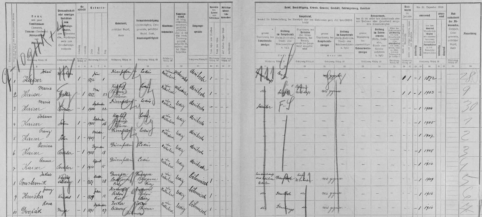 Arch sčítání lidu z roku 1910 pro dům čp. 10 v Dobrovodské ulici (Gutwasserstraße) s rodinou Kaiserovou a jejich českou čeledí Jakubem Poustevníkem, Františkem Hruškou a Růženou Dvořákovou