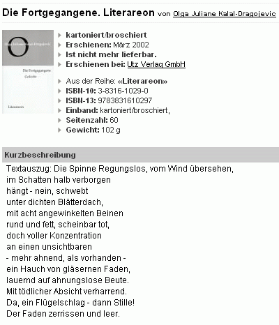 Obálka a záznam její knihy v v mnichovském nakladatelství Utz Verlag (2002)