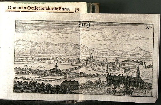 Obrázek města Lince z knihy Sigmunda von Birken Der vermehrte Donau-Strand (1. vydání 1664),
která byla skutečným dobovým bestsellerem