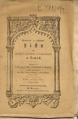 Obálka (1845) české verze prvního svazku 7. ročníku jeho periodika Belehrungs- und Unterhaltungsblatt für den Landmann und kleinen Gewerbemann Böhmens (Ponaučné i zábavné Listy pro polní hospodáře a řemeslníky v Čechách)