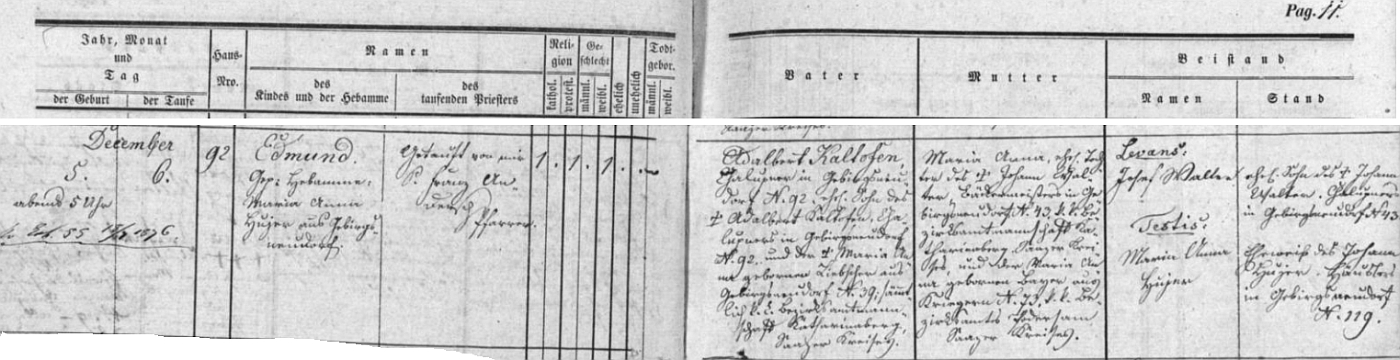 Podle tohoto záznamu křestní matriky farní obce Nová Ves v Horách byl ve zdejším kostele sv. Michaela archanděla dne 6. prosince roku 1855 farářem Franzem Anderschem pokřtěn den předtím ve stavení čp. 92 narozený Edmund Kaltofen - otec dítěte Adalbert Kaltofen, chalupník (Chalupner) v Nové Vsi v Horách čp. 92, byl synem svého jmenovce a chalupníka na témže čp. 92 před ním Adalberta Kaltofena a jeho ženy Anny, roz. Liebscherové z Nové Vsi v Horách čp. 39, tehdejší okr. Hora sv. Kateřiny (Katharinaberg), Žatecký kraj (Saazer Kreis), chlapcova matka Maria Anna byla dcerou Johanna Waltera, pekařského mistra v Nové Vsi v Horách čp. 43 a Marie Anny, roz. Bayerové z Kryr (Kriegern) čp. 73, tehdejší okr. Podbořany (Podersam), Žatecký kraj - novorozencovým kmotrem (levans) se stal Josef Walter, syn Johanna Waltera a tedy bratr chlapcovy matky, kmotrou (testis) pak Maria Anna Hujerová, dcera Johanna Hujera, domkáře v Nové Vsi v Horách čp. 119