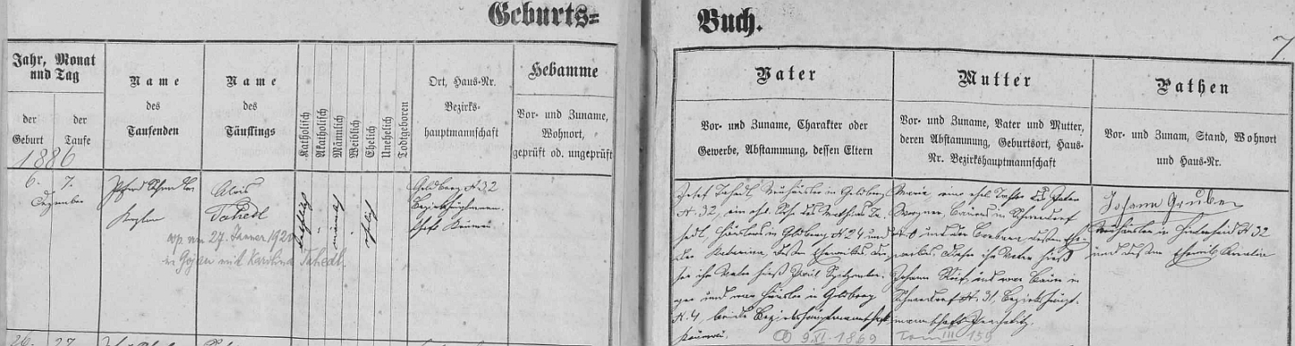 Záznam ondřejovské křestní matriky o narození jejího otce Aloise Tahedla ve Zlaté čp. 32 tamnímu chalupníku Josefu Tahedlovi (synu Mathiase Tahedla a Kathariny, dcery Paula Spitzenbergera, chalupníka ve Zlaté čp. 4) a Marii, dceři chalupníka ve Zlaté čp. 3 Petera Wagnera a Barbary, dcery Johanna Reifa, sedláka ve Sněžné čp. 31