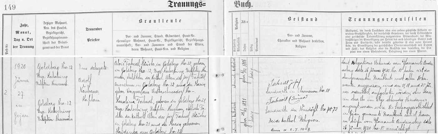 Záznam kájovské oddací matriky o tamní svatbě jejích rodičů v lednu roku 1920