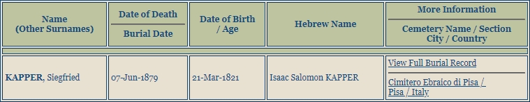 Záznam o jeho úmrtí v databázi JewishGen s chybou v místě pohřbu