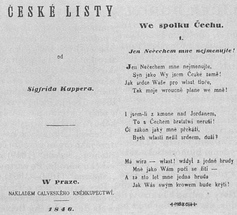 Titulní list sbírky České listy (1846) a strana z ní se známou básní