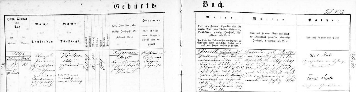 Záznam doupovské křestní matriky o jeho narození 17. března roku 1898 ve městě dnes zcela zaniklém a o následném křtu chlapcově ve zdejším farním
kostele Nanebevzetí Panny Marie na jméno Victor Alois Eduard Karell - novorozencův otec Eduard Karell, městský radní a mistr punčochářský v domě čp. 80, kde se chlapec také narodil, byl synem Wilhelma Karella, který provozoval v témže domě touž punčochářskou živnost už předtím, a jeho manželky Amalie, roz. Schmidtové z Doupova čp. 80, matka novorozencova Antonia, roz. Mertnová, byla pak dcerou Franze Mertna, majitele hospodářství v Nové Vísce (Neudörfl) čp. 12, která je dnes místní částí města Kadaň (Kaaden), a jeho ženy Johanny, roz. Pohnertové z Polák (Pohlig) čp. 16, dnes části obce Chbany - pozdější přípis nás zpravuje i o svatbě Viktora Karella 3. února roku 1927 v sedleckém kostele sv. Anny (někdejší samostatná farní obec Sedlec /Zettlitz/ je dnes částí města Karlovy Vary) s Annou Zebischovou ze Sedlece čp. 12