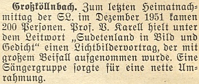 Zpráva z roku 1951 o jeho přednášce se světelnými obrazy v Großköllnbach