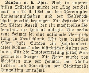 O jeho slavnostním projevu ke "Dni domova" v Landau an der Isar v září 1954