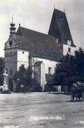 Farní kostel sv. Mikuláše v Horní Stropnici na pohlednici Josefa Seidela...