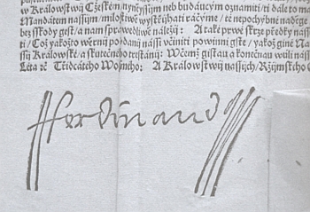 Tištěná grafická nápodoba podpisu Ferdinanda I. na dokumentu z roku 1538