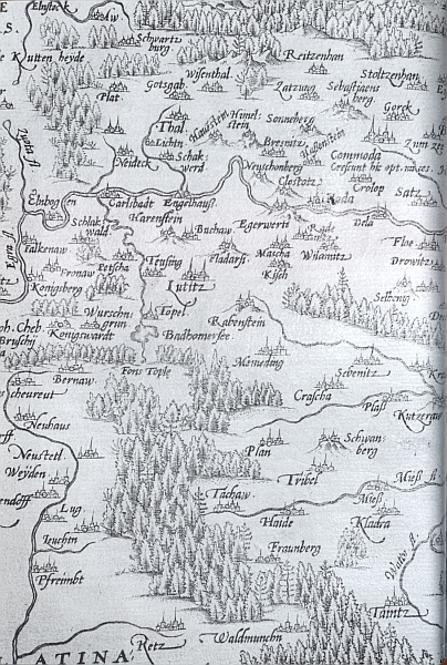 Crigingerova mapa Čech, vytištěná v Praze roku 1568, zachycuje také pramen říčky Teplé
  a Teplou samu nad "šumavskými" lesy - pozoruhodné je označení Boh. Cheb kus vlevo
