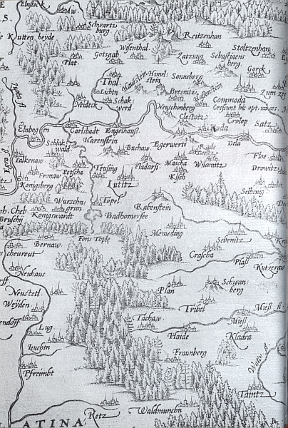 Crigingerova mapa Čech, vytištěná v Praze roku 1568, zachycuje také pramen říčky Teplé
 a Teplou samu nad "šumavskými" lesy - pozoruhodné je označení Boh. Cheb kus vlevo