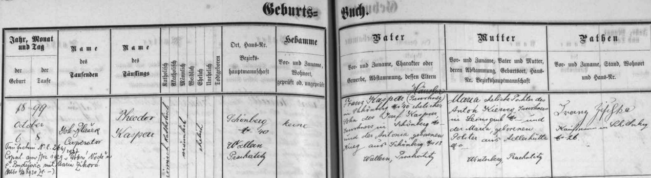 Záznam křestní matriky farní obce České Žleby o narození Theodora Kaspara v Krásné Hoře čp. 40 s pozdějším českým přípisem o jeho svatbě dne 7. prosince roku 1929 v Dobré Vodě u Českých Budějovic s Marií Zíkovou