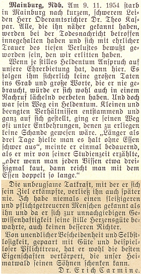 Nekrolog na stránkách krajanského měsíčníku, jehož autorem je Dr. Erich Carmine