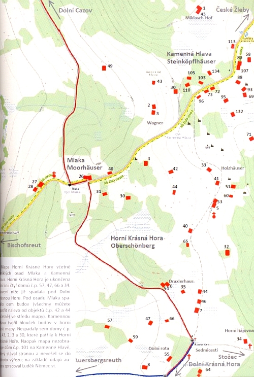 Ústřední poloha rodného domu čp. 40 na mapce Horní Krásné Hory včetrně osad Mlaka a Kamenná Hlava