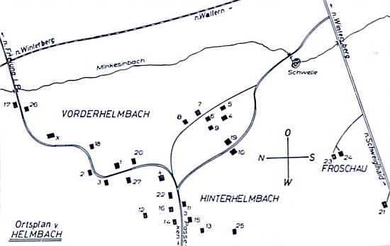 Plánek Michlovy Huti, v jejíž části zvané "Hinterhelmbach" vidíme dole uprostřed kromě čp. 11 i rodné stavení matčino čp. 13,
 nahoře pak směřuje k Vimperku tok řeky Volyňky, která tu má jméno "Minkesinbach"