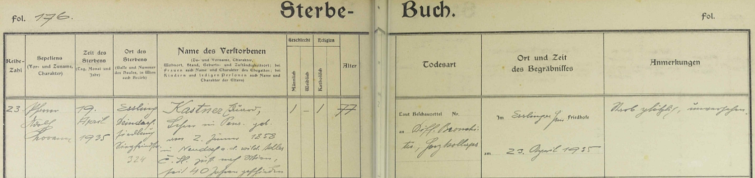 Záznam o jeho úmrtí v knize zemřelých farní obce Gross-Enzersdorf