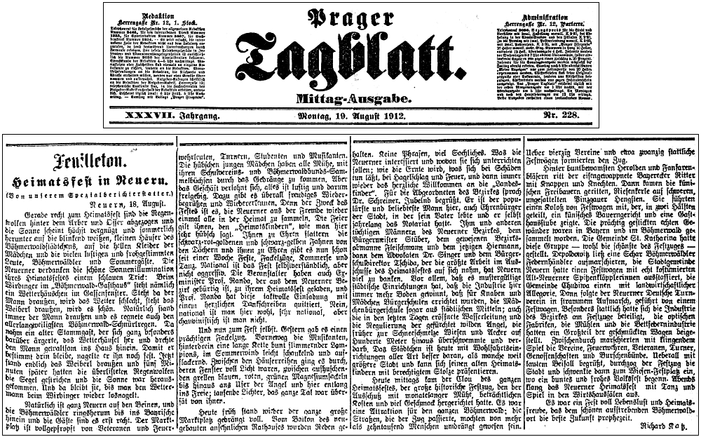 Teprve zkusmo jsem na stránkách digitalizovaného fondu periodik vídeňské Národní knihovny objevil, čí že byl Richard Katz roku 1912 "zvláštní zpravodaj" tehdy v Nýrsku: jeho článek vyšel 19. srpna téhož letopočtu v renomovaném pražském deníku Prager Tagblatt