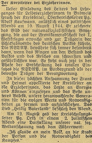 Zpráva o jeho projevu v českobudějovických německých novinách