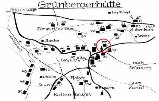 Zelenohorská Huť s vyznačeným rodným stavením čp. 29 na plánku Wenzela Schmieda