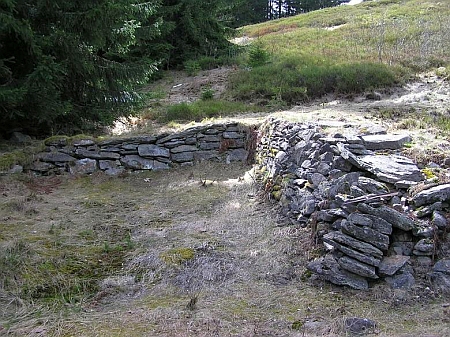 Ruiny domu čp. 26, kde se narodil otec Karl, a boží muka u rodného domu čp. 29