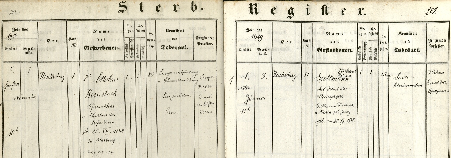 Záznam o jeho skonu v úmrtní matrice farní obce Festenburg