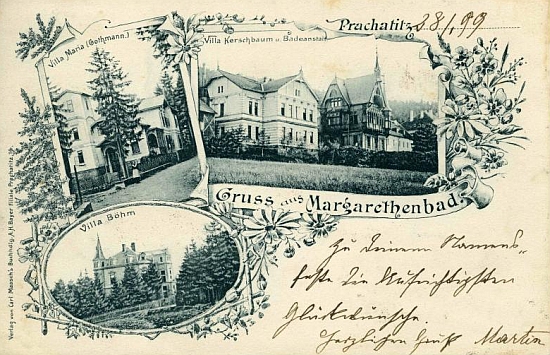 Složená pohlednice lázní zachycuje i "Villu Kerschbaum"