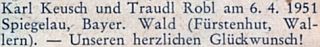 Blahopřání k jeho svatbě ve Spiegelau 6. dubna 1951 na stránkách krajanského měsíčníku