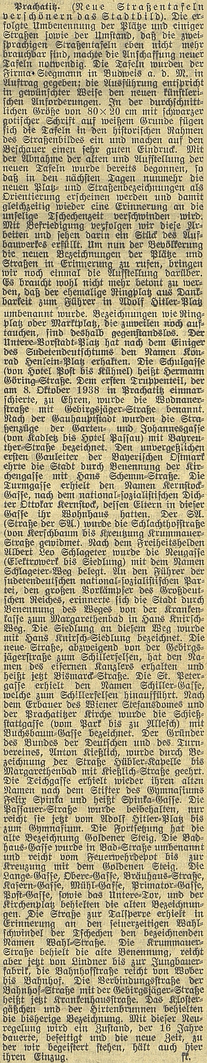 Zpráva o přejmenování prachatických ulic a náměstí v roce 1939 - tabulky dodala českobudějovická firma Stegmann