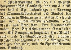 Zpráva o jeho civilním prachatickém sňatku s Theodorou, ovdovělou Rennovou, z Prahy