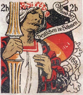 Reklamní známka Bund der Deutschen in Böhmen a znak Deutscher Schulverein